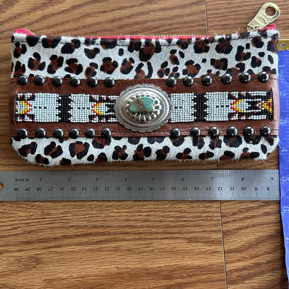 KurtMen Handmade Leopard Print Clutch with Turquoise stone, Concho & Beading NEW